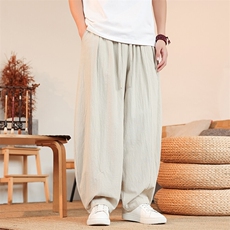 8XL-M亚麻弯刀裤直筒阔腿裤子男夏季宽松大码运动灯笼裤KZ068P60，男装休闲裤，电商B312