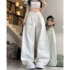 美式复古明线白色弯刀牛仔裤男女2025款宽松阔腿长裤子W2501P38，男装牛仔裤，星座1112-1