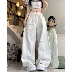 美式复古明线白色弯刀牛仔裤男女2025款宽松阔腿长裤子W2501 P38图片