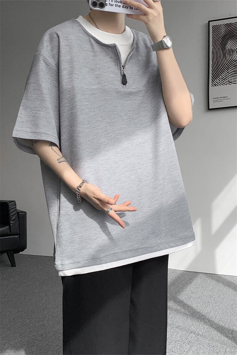 现货DX10140-特P38控78美式假俩件T恤领短袖男大码休闲半袖,男装T恤,电商A059