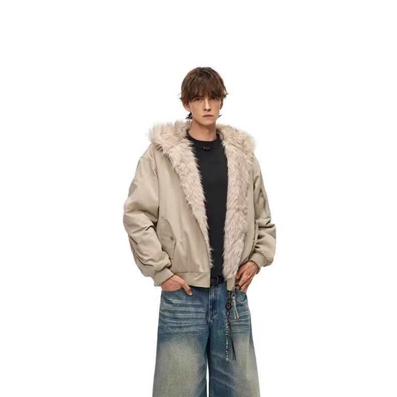 美式复古短款毛领座山雕外套男款冬季cleanfit解构连帽厚夹克棉服,男装夹克,星座506A