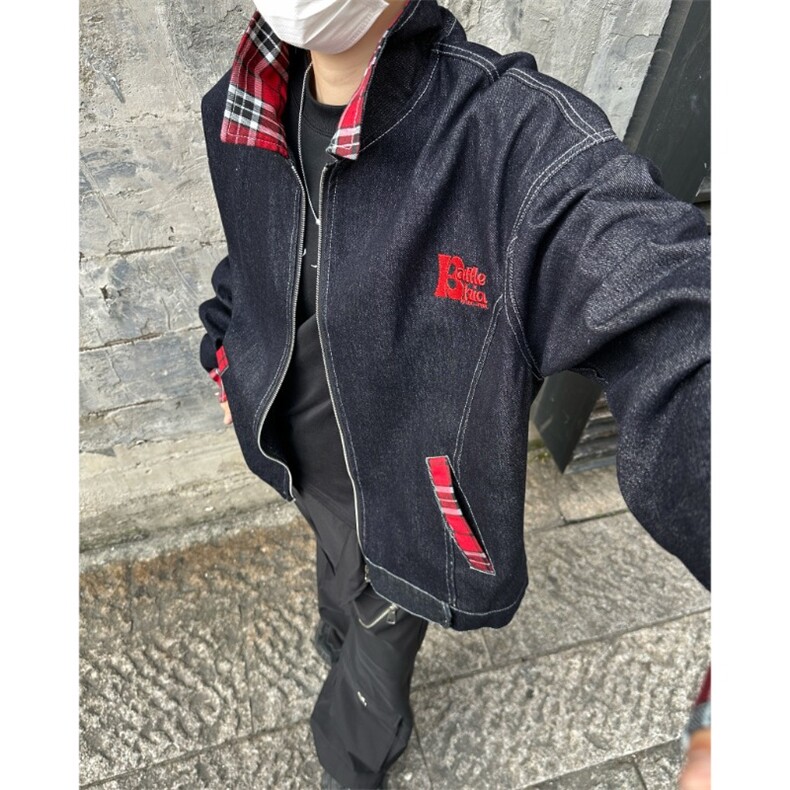 复古红色格子翻领拼接美式工装拉链牛仔夹克欧美高街hiphop外套潮，男装工装外套，星座1210-1