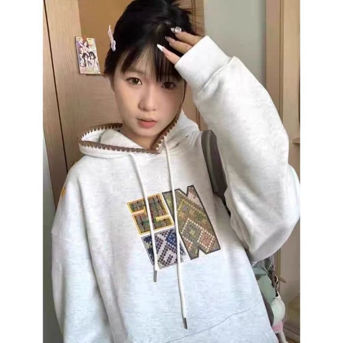 5261-P50原版做工#刺绣食毛华棉复合连帽卫衣薄款/加绒,女装卫衣/绒衫,星座617A-2