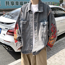 美式复古水洗破坏毛边火焰刺绣牛仔外套潮男女款秋季新款宽松夹克，男装夹克，星座505-2（原电商A260-1)