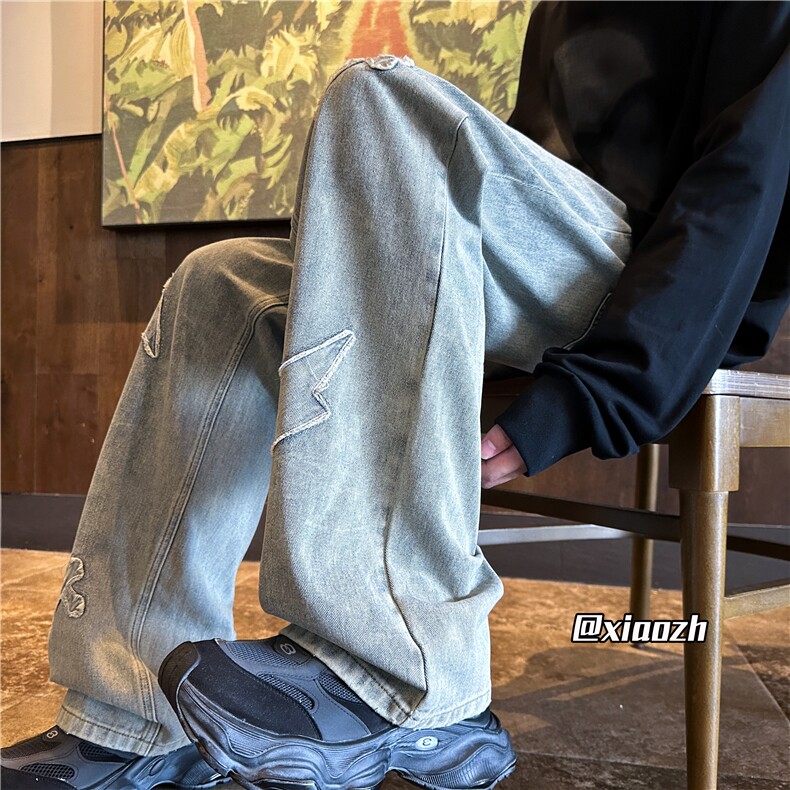 XZ616秋季新款刺绣毛边闪电十字架休闲牛仔裤TY1076特P65控78,男装牛仔裤,星座512A（原616）