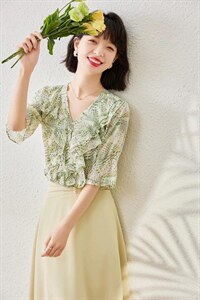 1099#绿色、蓝色，M- XXL，花雪纺衬衣，高品质。图片