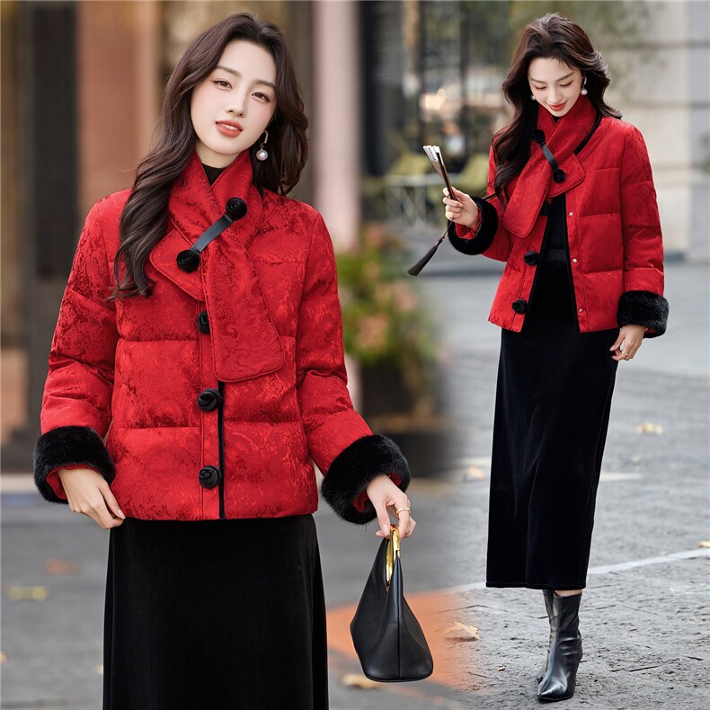 新中式guo风2025年冬季新年主推款配围巾可拆卸袖毛暗纹提花棉衣，女装棉衣/棉服，乐吉娜