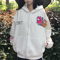 美式刺绣小猫魔术贴连帽卫衣外套2026秋冬新款宽松拉链情侣上衣，女装短外套，星座601-1