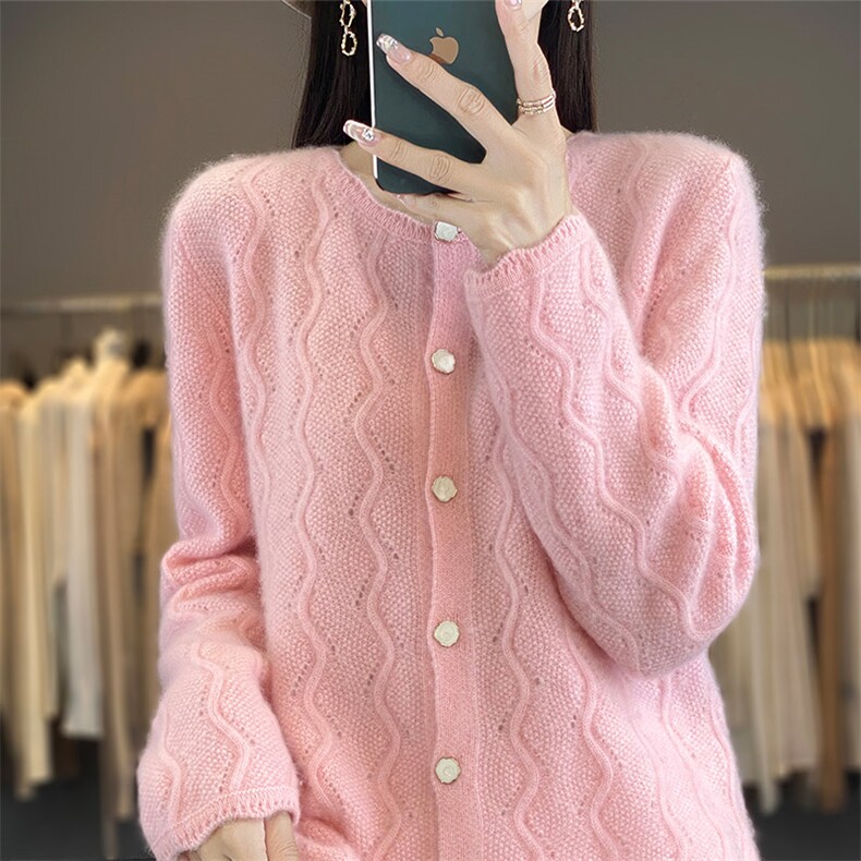 春季新款圆领镂空纯羊毛开衫女宽松羊绒针织外套长袖纯色百搭毛衣，女装羊毛衫，开创羊绒
