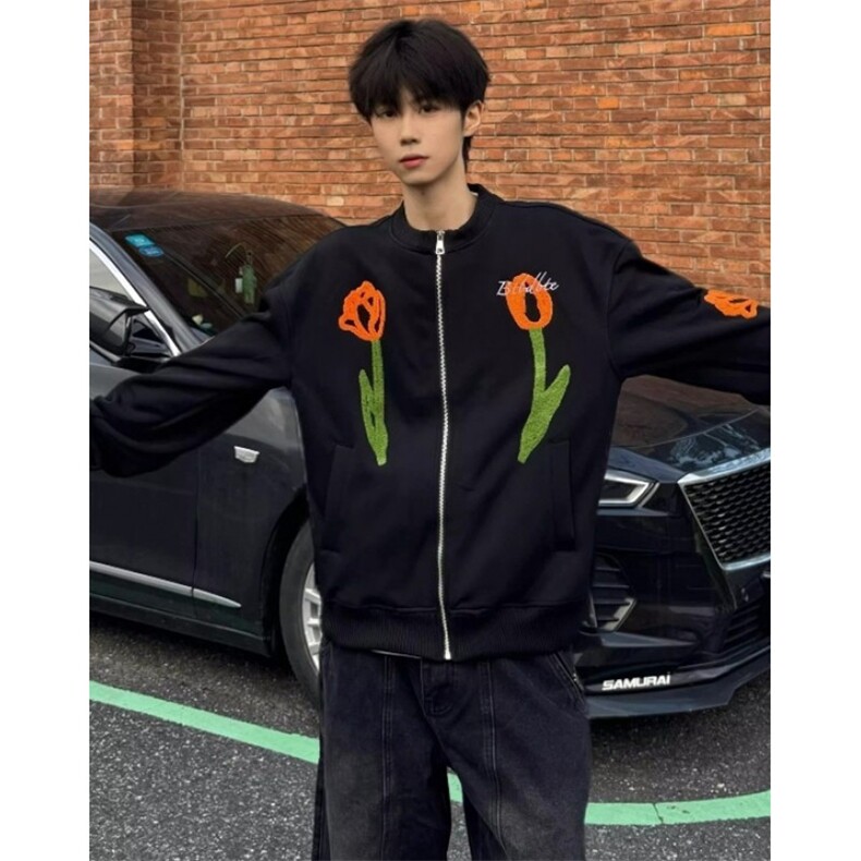 植绒刺绣棒球服夹克外套男女小众设计感郁金香花卉上衣JB1021,男装夹克,星座1116A（原606A-3）