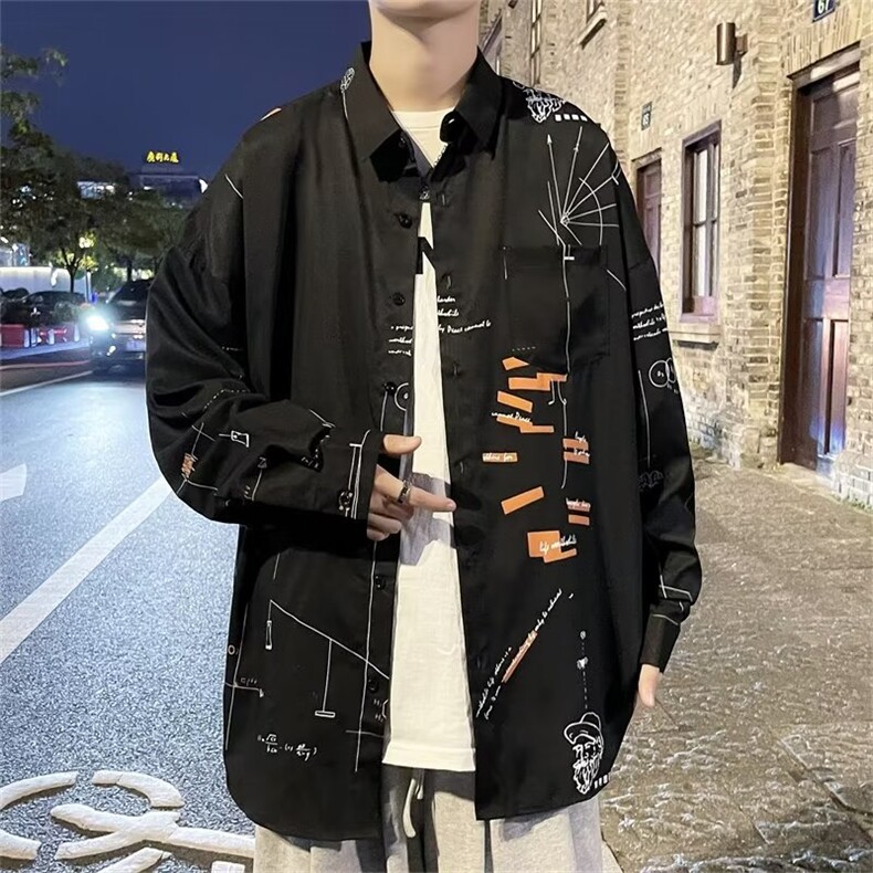 春秋季ins潮流衬衫男宽松印花长袖衬衣港风百搭外套W6981-P28,男装衬衫,星座512-2