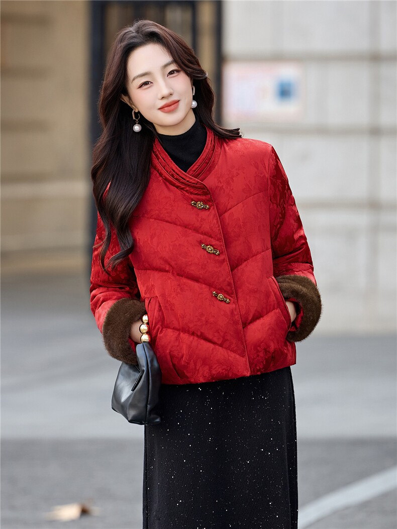 新中式guo风2025年冬季新年主推款可拆卸袖毛暗纹提花气质棉衣,女装棉衣/棉服,乐吉娜