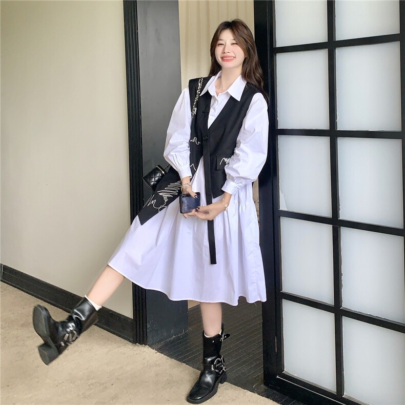 设计感不规则刺绣黑色马甲两件套连衣裙女秋新款小个子白色衬衫裙,女装套装/套裙,2C113
