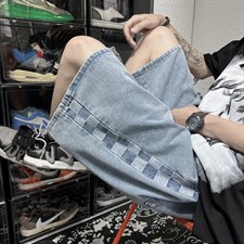 夏季拼接牛仔短裤男棋盘格美式高街小众宽松休闲五分裤K3377-P33，男装牛仔裤，星座512-2