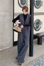 藏青色休闲时尚套装女秋季2025新款一整套穿搭马甲阔腿裤三件套，女装套装/套裙，2C056