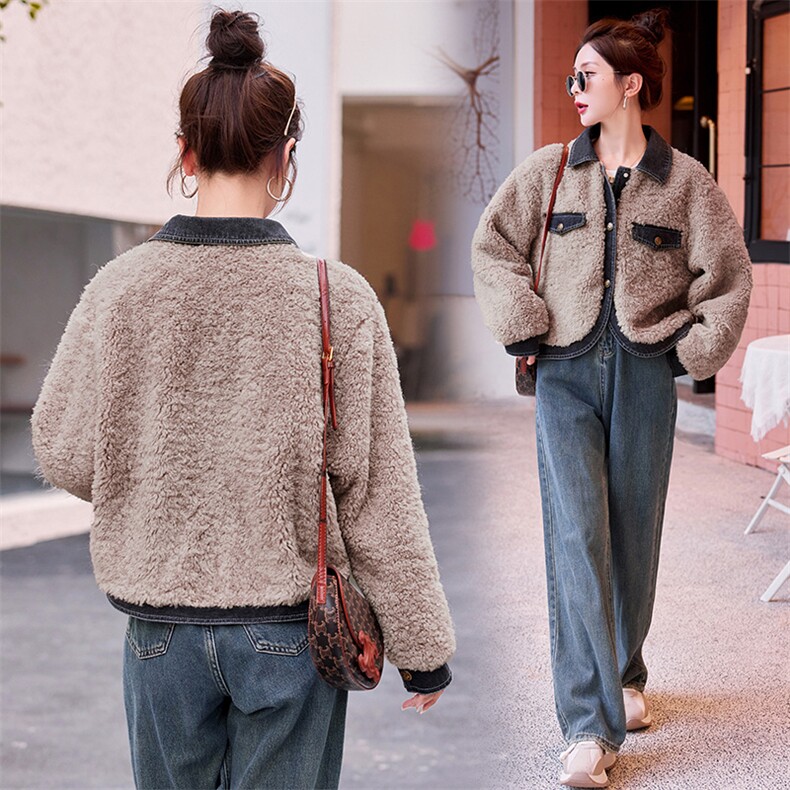 牛仔拼接粉色羊羔毛外套女冬季2025新款小个子独特超好看显瘦棉服,女装羊羔毛/颗粒绒,慧尚依恋
