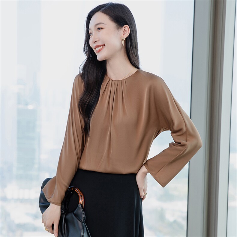 高端真丝上衣女长袖T恤2026春季圆领气质妈妈印花重磅真丝小衫t,女装衬衫,阿舍尔精品