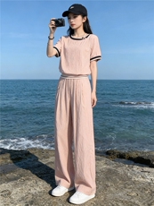 时尚潮流休闲套装女夏季新款高级感显瘦收腰拼接短袖阔腿裤两件套，女装套装/套裙，江南