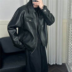 现货短款机车皮衣外套男宽松休闲痞帅皮夹克A351-AP2468-P105，男装夹克，电商A351