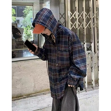 复古格子连帽衬衫男女长袖高级感衬衣休闲宽松慵懒外套上衣C221，男装衬衫，星座1116A（原606A-3）