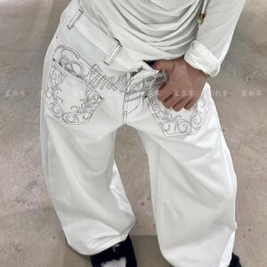 美式复古刺绣白色弯刀牛仔裤女夏季新款街头亚比朋克宽松阔腿长裤图片
