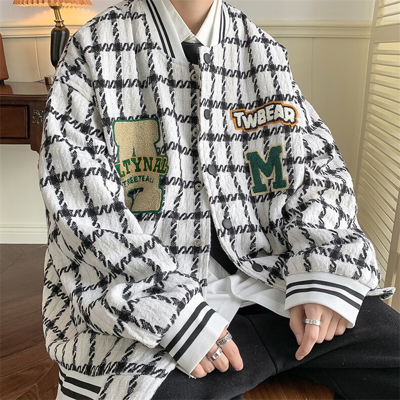 2025秋款新款格子毛呢夹克刺绣男士呢料外套棒球服JK835-P85,男装夹克,电商A006