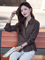 时尚长袖衬衫女2026春秋新款设计感洋气V字翻领收腰显瘦休闲衬衣，女装衬衫，靓衣阁