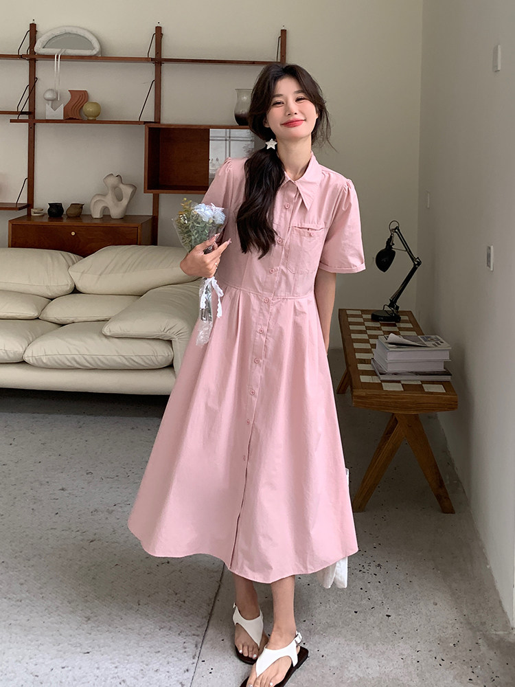 法式温柔风压褶衬衫连衣裙女2025夏季新款韩版收腰显瘦甜美a字裙,女装连衣裙,浪娴服饰