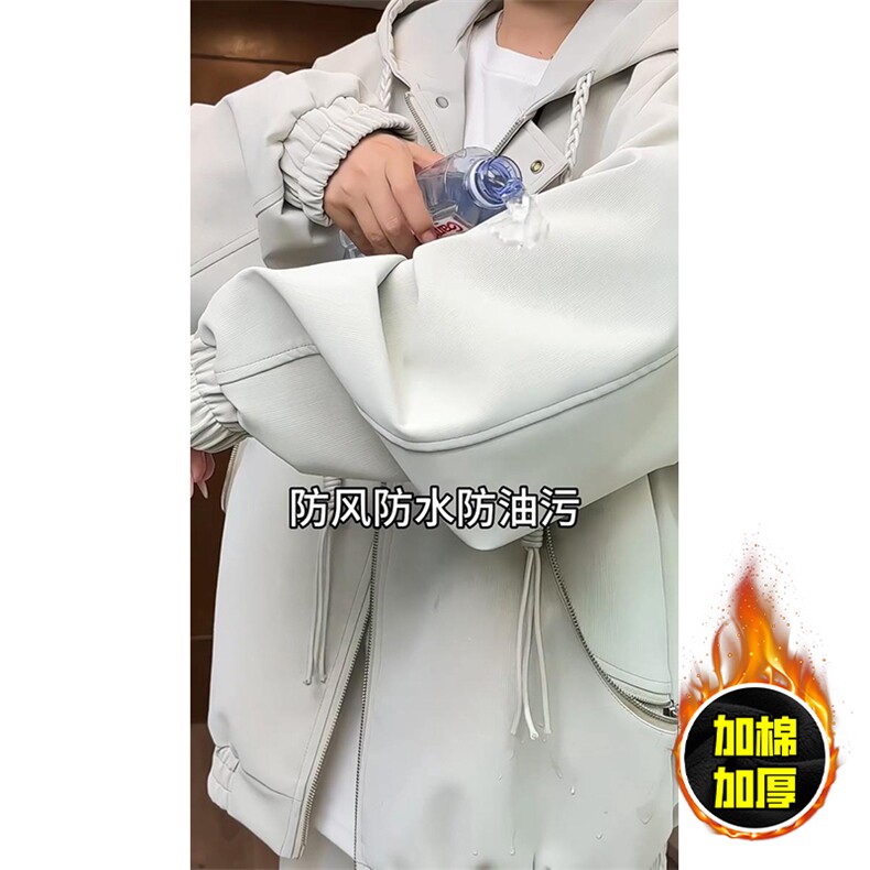 现货高品质美式高街重磅座山雕连帽pu皮棉衣男女加厚毛毛绒冬外套,男装皮衣,电商A486-1