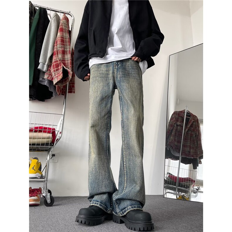 水洗做旧牛仔裤男美式ins复古潮牌宽松百搭直筒微喇裤N0377-p50,男装牛仔裤,星座1008