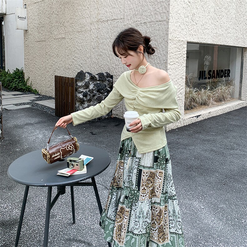 2026新款露肩上衣+花色半身裙两件套,女装套装/套裙,纯色衣恋