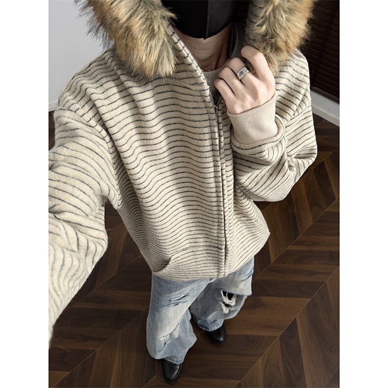 W315-特批78美式条纹复古毛领连帽开衫毛衣，男装针织衫/毛衣，星座1503