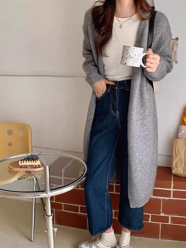 秋冬新款中长款针织开衫女过膝外搭韩版慵懒风羊毛毛衣厚外套,女装羊毛衫,思途羊绒