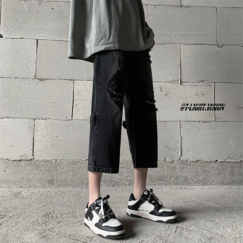 B221美式ins高街设计感拉链直筒七分牛仔裤LK23071-P55控78,男装牛仔裤,电商B221