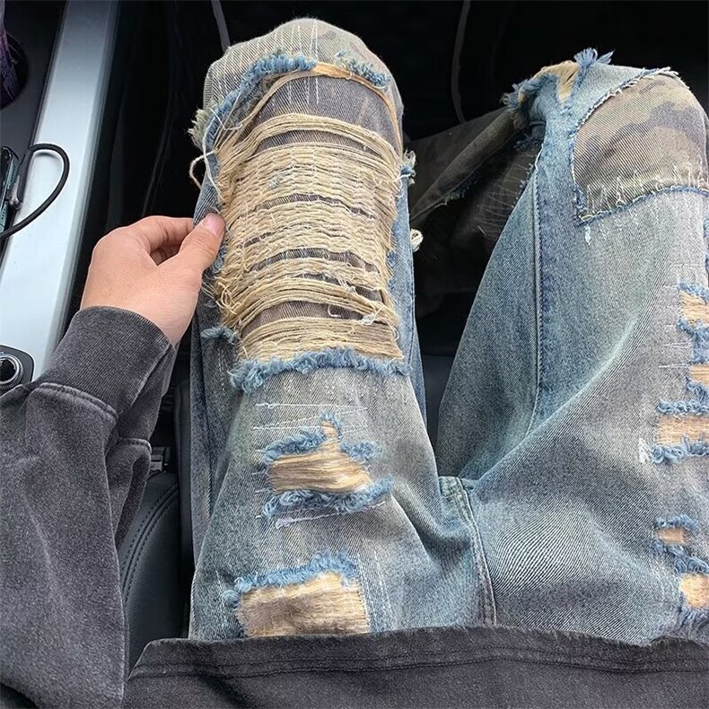 青少年新款高街迷彩拼接微喇牛仔裤复古夏季中腰拼料常规潮水洗，男装牛仔裤，星座813-2