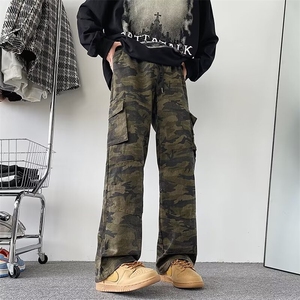 迷彩工装牛仔裤男秋冬宽松高街直筒裤潮牌大码阔腿长裤 KC1020图片
