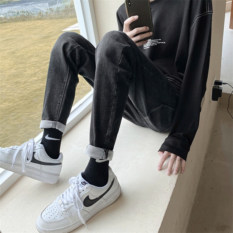 春秋季轻熟风休闲裤男黑灰色修身小脚男裤微弹力牛仔裤919/P68,男装牛仔裤,星座1412-1