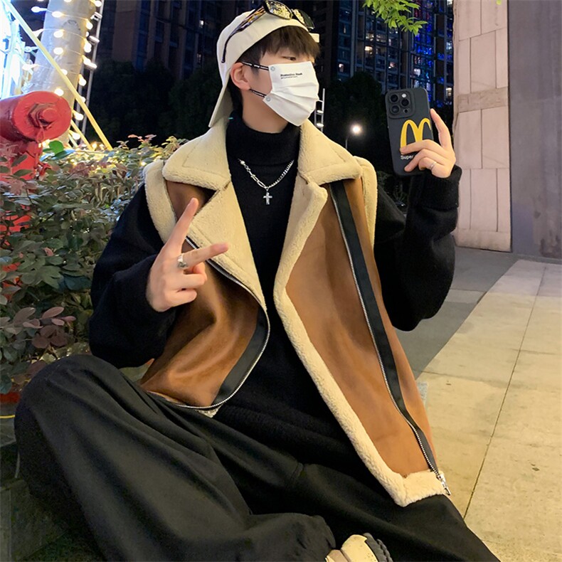 f翻领日系坎肩皮衣马甲加绒加厚男女冬季宽松休闲外套D011-P88,男装皮衣,星座717