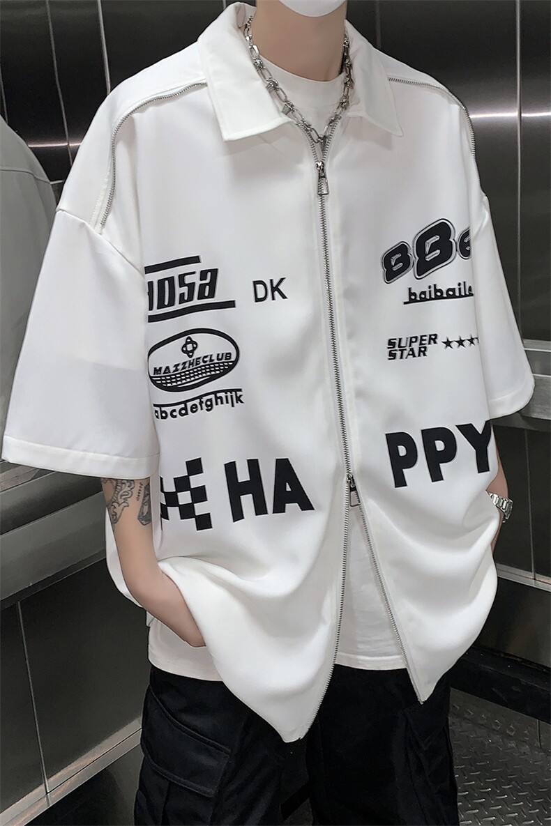 405A高街美式设计感拉链装饰印花衬衫短袖T恤CS03-P45控68,男装T恤,星座405A