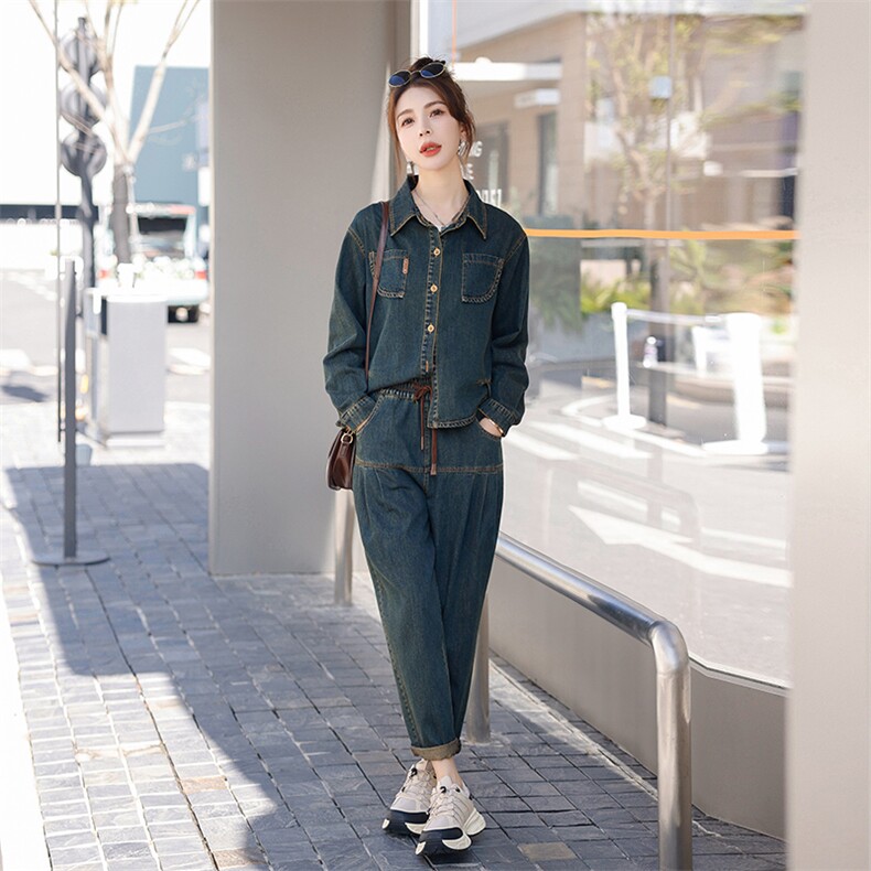 春季新款牛仔时尚两件套女显瘦修身气质外套+高腰阔腿裤套装,女装套装/套裙,秋水欣儿
