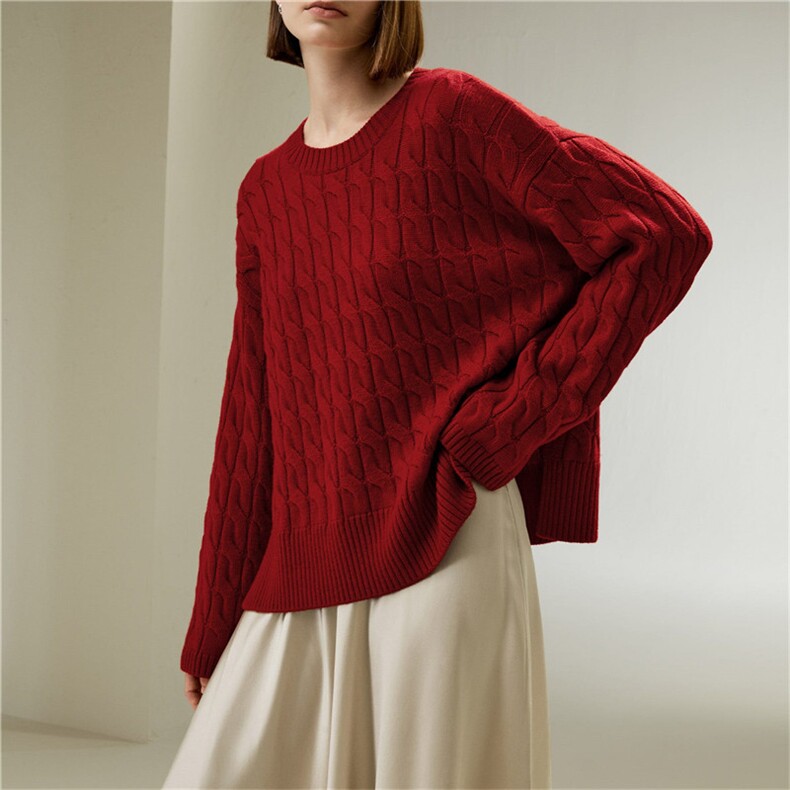 加厚红色扭花开叉长袖圆领套头2024年秋季羊毛针织衫，女装羊毛衫，佳弈羊绒