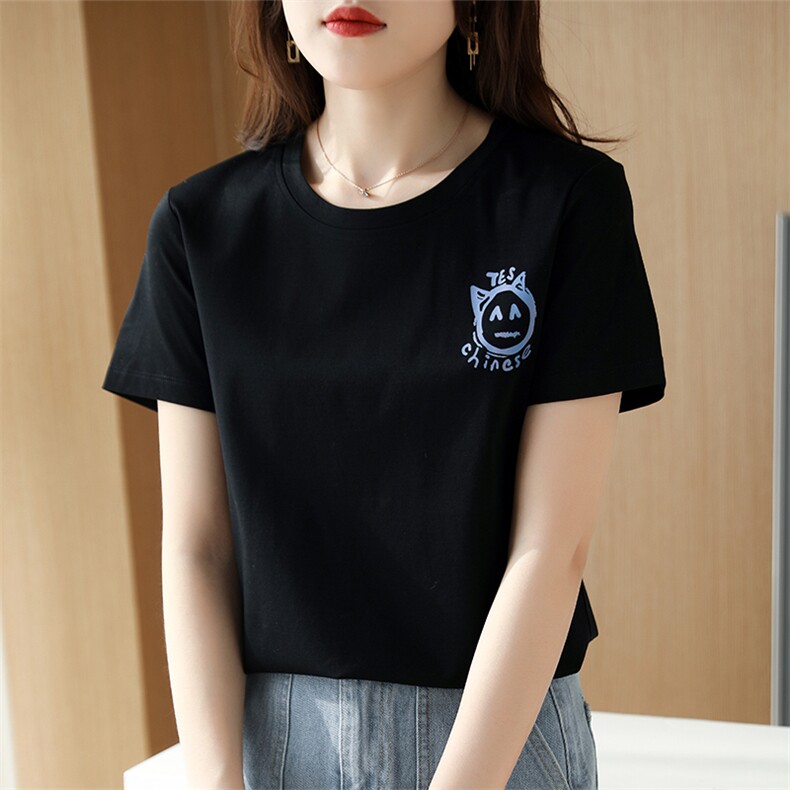 圆领白色t恤女桑蚕丝光棉短袖修身印花2024夏新款纯棉设计感上衣，女装T恤，元素羊绒