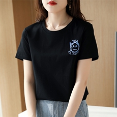 圆领白色t恤女桑蚕丝光棉短袖修身印花2024夏新款纯棉设计感上衣，女装T恤，元素羊绒