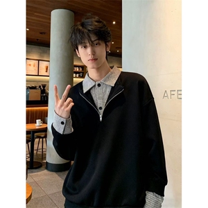 简约格子假两件polo翻领卫衣男款ins潮流长袖打底衫无帽套头上衣图片