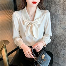 春季新款气质衬衫纯色蝴蝶结雪纺衫上衣简约百搭小衫，女装蕾丝衫/雪纺衫，美吧服饰