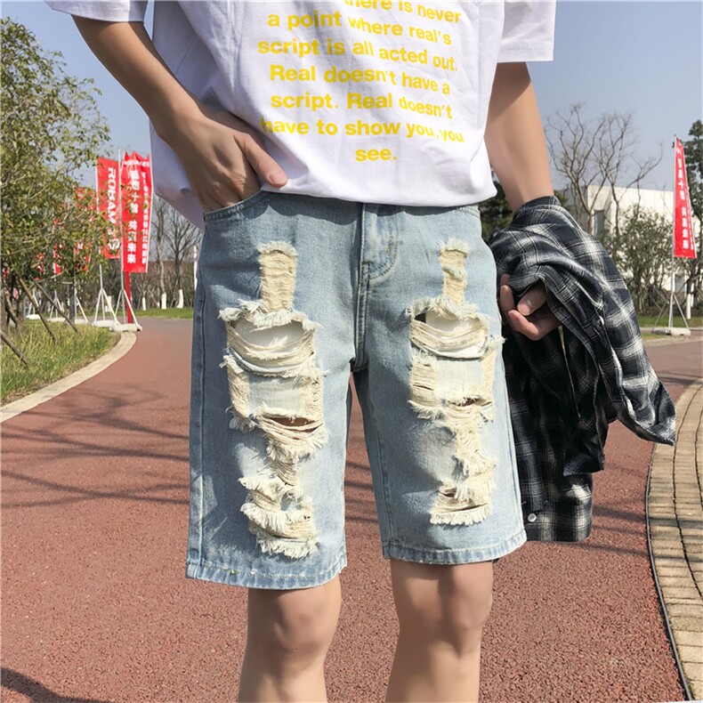 夏季牛仔裤男短裤ins潮流破洞直筒五分裤男港风中裤DK021-P40,男装牛仔裤,电商A318