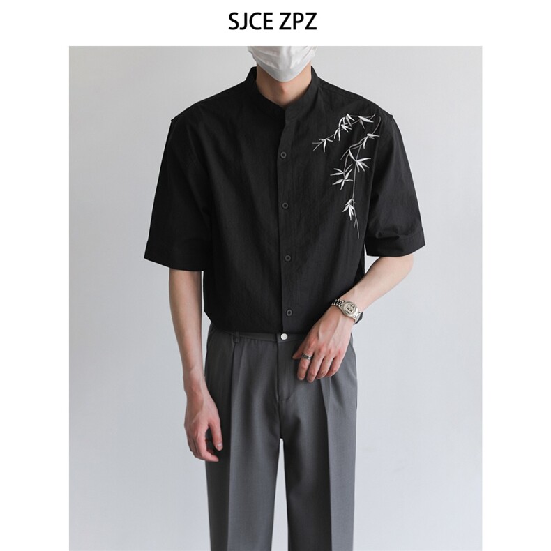 新中式风短袖衬衫男士夏季潮流竹叶刺绣花半袖衬衣CA83-P37，男装T恤，星座208-5