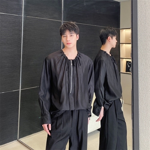 夏季个性圆领抽绳拉链设计欧根纱长袖防晒男女衬衣图片