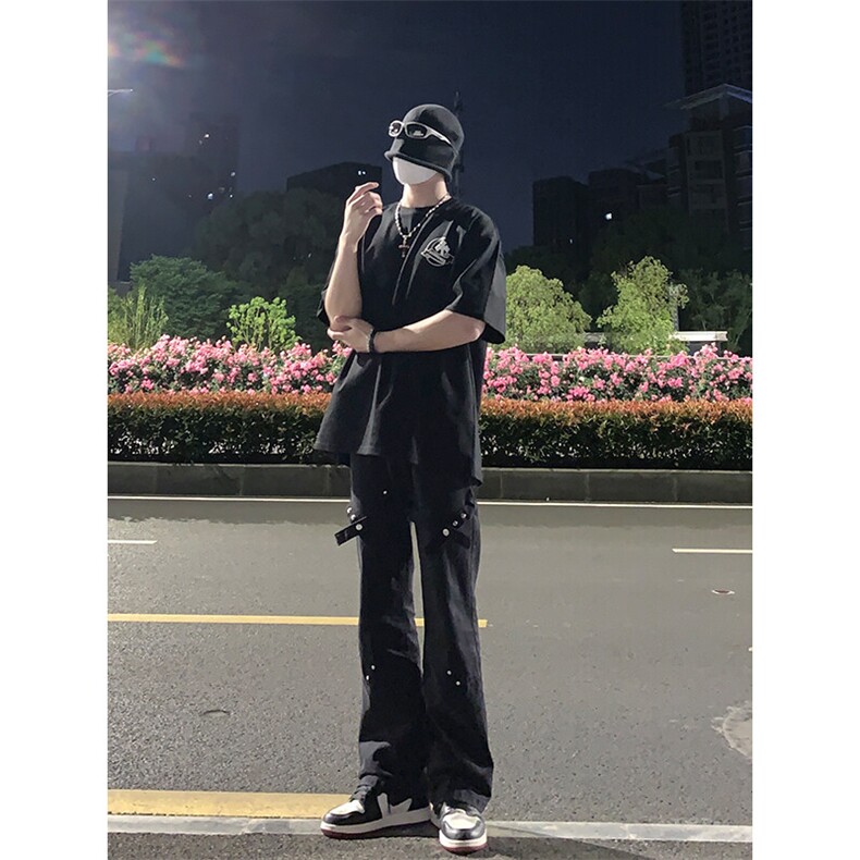 已授权美式hiphop裤子高街vibe交叉绑带牛仔裤修身直筒微喇叭裤,男装牛仔裤,星座310A-4