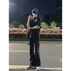 已授权美式hiphop裤子高街vibe交叉绑带牛仔裤修身直筒微喇叭裤，男装牛仔裤，星座310A-4